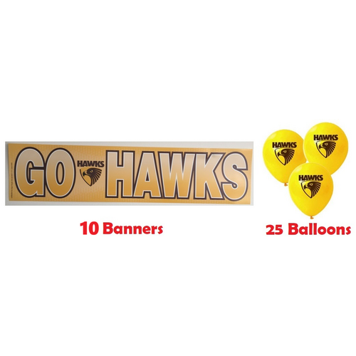 Hawthorn Hawks AFL Grand Party Pack 10 Balloons & 5 Go Hawks Birthday Banners!