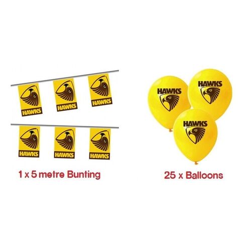 Hawthorn Hawks AFL Bunting Flags 5M & 25 Helium Balloons Birthday Party Pack