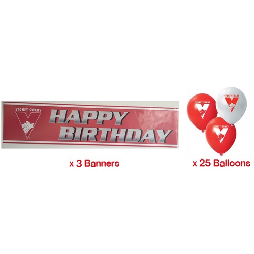 Sydney Swans AFL Party Pack 25 Balloons & 3 Happy Birthday Banners 