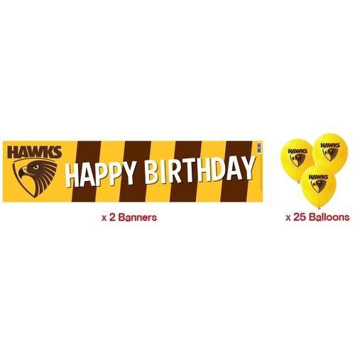 Hawthorn Hawks AFL Party Pack 25 Balloons & 2 Happy Birthday Banners 