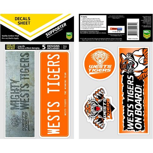 Official West Tigers NRL iTag UV Car Bumper Decal Sticker Sheet (5 Pack)