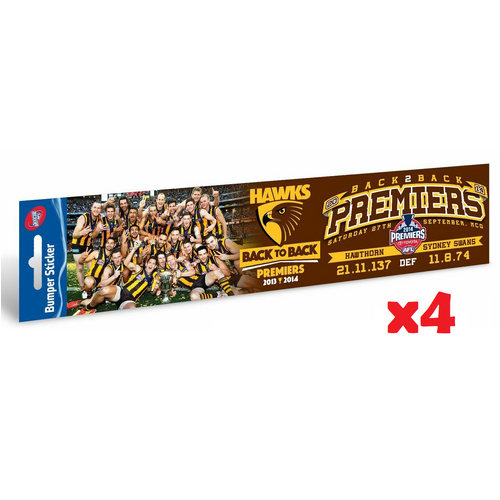 Official AFL Hawthorn Hawks Premiers 2014 Back to Back Team Bumper Sticker x4