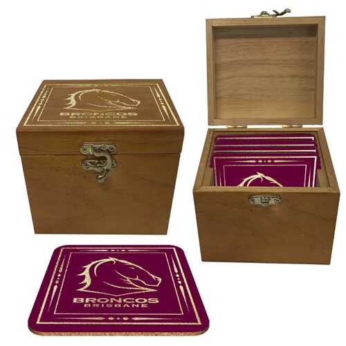 Brisbane Broncos NRL Cork Coaster Gift Set Pack in Wooden Box (Set of 4)