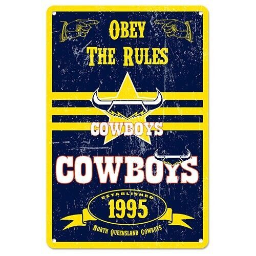 Official NRL North Queensland Cowboys Obey The Rules Retro Metal Sign Decoration