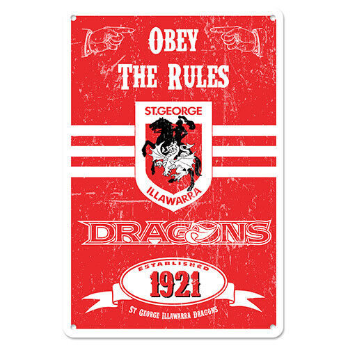 Official NRL St George Dragons Obey The Rules Retro Metal Sign Decoration