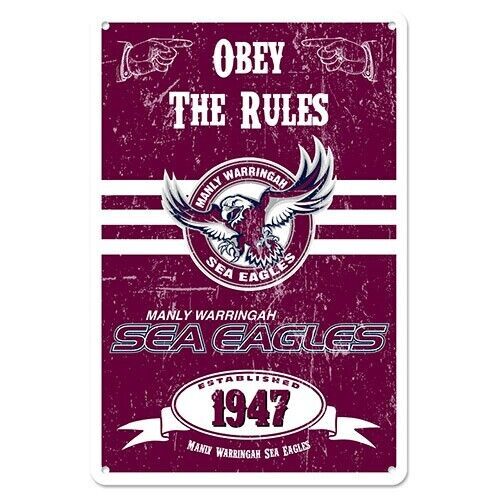 Official NRL Manly Sea Eagles Obey The Rules Retro Metal Sign Decoration