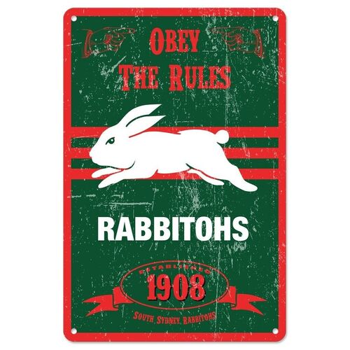 Official NRL South Sydney Rabbitohs Obey The Rules Retro Metal Sign Decoration