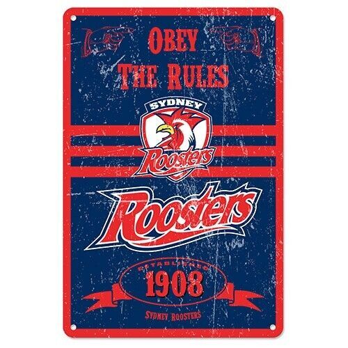 Official NRL Sydney Roosters Obey The Rules Retro Metal Sign Decoration