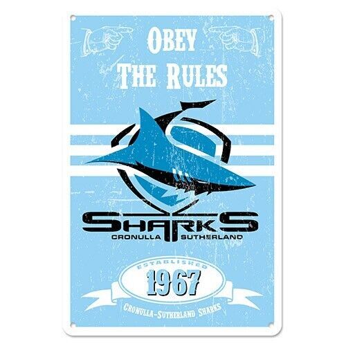 Official NRL Cronulla Sharks Obey The Rules Retro Metal Sign Decoration