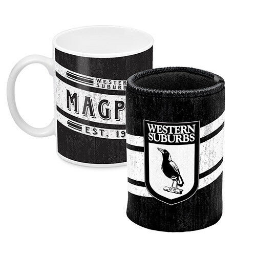 Western Suburbs Magpies ARL NRL Heritage Ceramic Cup Mug & Can Cooler Gift Set