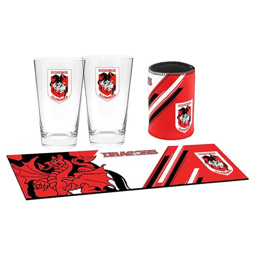 St George Dragons NRL Bar Essentials Gift Set - Bar Runner, Can Cooler Glasses