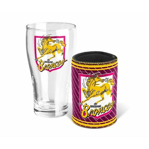 Brisbane Broncos NRL Heritage Team Logo Pint Beer Glass & Cooler Gift Set!