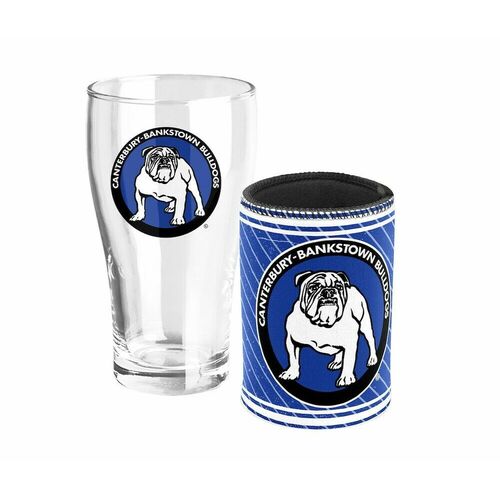 Canterbury Bulldogs NRL Heritage Team Logo Pint Beer Glass & Cooler Gift Set!
