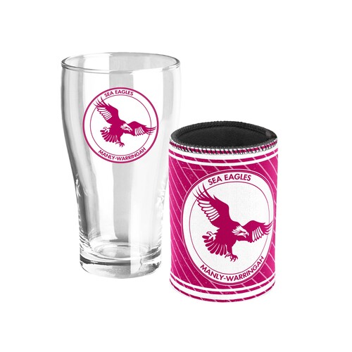 Manly Sea Eagles NRL Heritage Team Logo Pint Beer Glass & Cooler Gift Set!