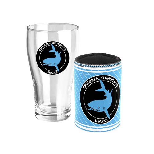 Cronulla Sutherland Sharks NRL Heritage Team Logo Pint Beer Glass & Cooler Gift Set!