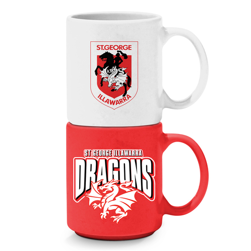 St George ILL Dragons NRL Set of 2 Stackable Ceramic Coffee Mugs Cups!