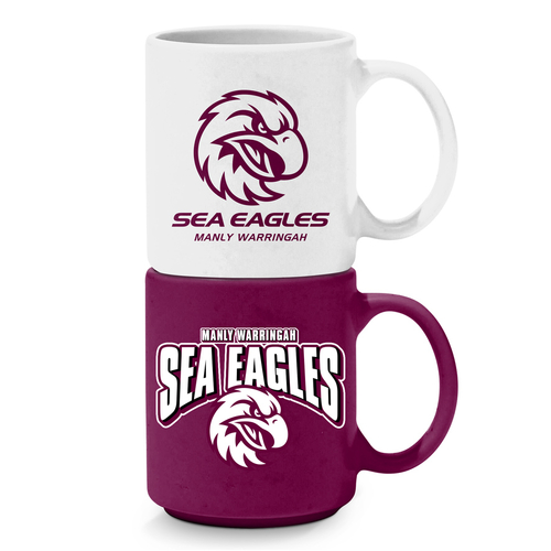 Manly Sea Eagles NRL Set of 2 Stackable Ceramic Coffee Mugs Cups!