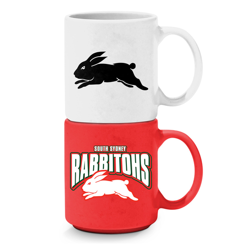 South Syd Rabbitohs NRL Set of 2 Stackable Ceramic Coffee Mugs Cups!