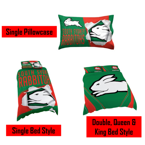 South Sydney Rabbitohs NRL Pillow Quilt Cover Set: Single Double Queen King Bed
