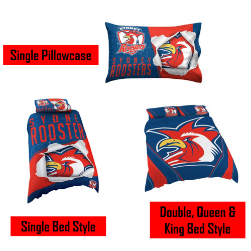 Sydney Roosters NRL Pillow Quilt Cover Set: Single, Double, Queen & King Bed