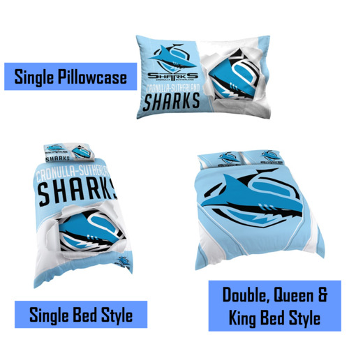 Cronulla Sharks NRL Pillow Quilt Cover Set: Single, Double, Queen & King Bed