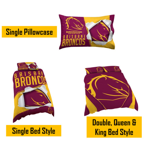 Brisbane Broncos NRL Pillow Quilt Cover Set: Single, Double, Queen & King Bed