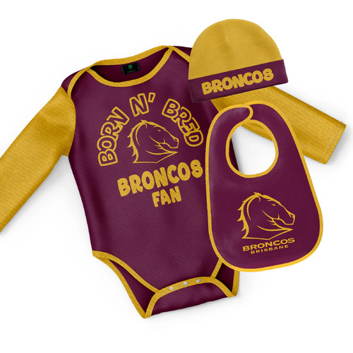 Broncos NRL 'Born & Bred' 3 Piece Baby Infant Bodysuit Gift Set Sizes 000-1!