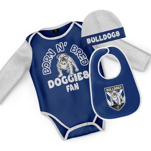 Bulldogs NRL 'Born & Bred' 3 Piece Baby Infant Bodysuit Gift Set Sizes 000-1!
