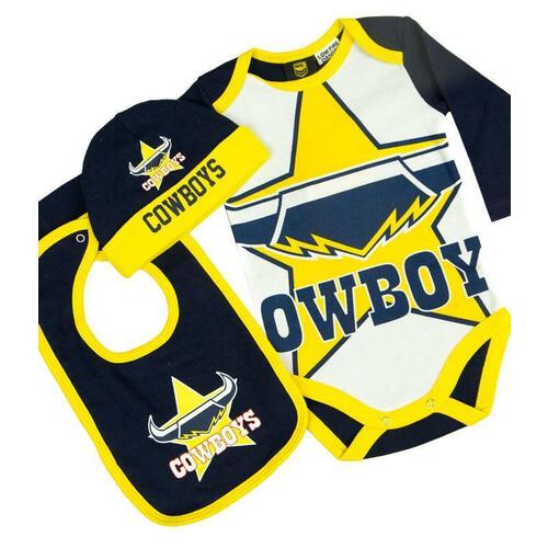 NQ Cowboys NRL Three Piece Baby Infant Gift Set With Bodysuit Sizes 000-1!