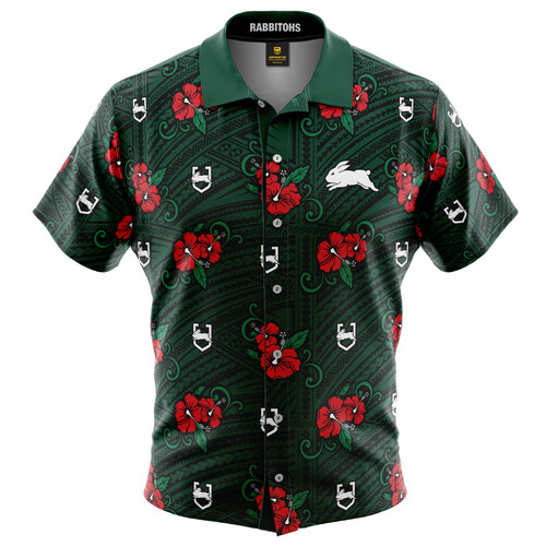  Sth Syd Rabbitohs NRL 2021 Tribal Hawaiian Button Up Polo Shirt Sizes S-5XL!