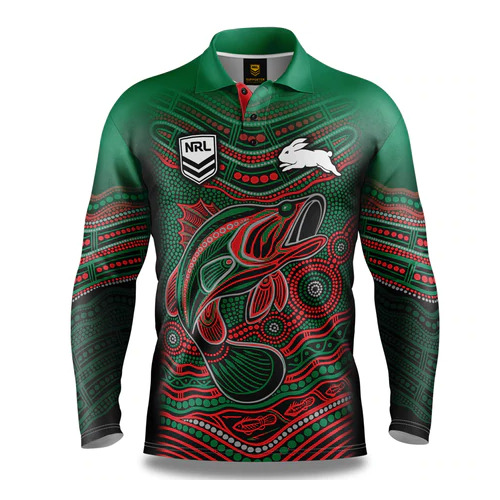 South Syd Rabbitohs NRL 2022 Jumping Barra Indigenous Fishing Shirt Sizes S-5XL!