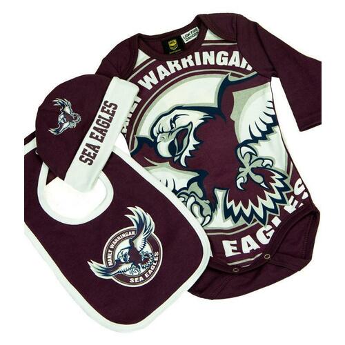 Sea Eagles NRL 3 PC Infant Gift Set With Bodysuit, Beanie & Bib Sizes 000-1