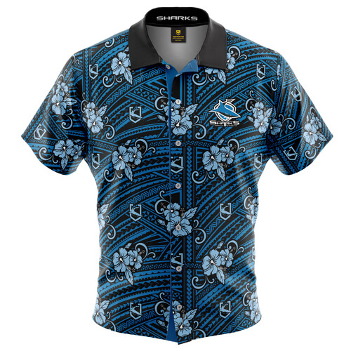 Cronulla Sharks NRL Tribal Hawaiian Shirt Button Up Polo Shirt Sizes S-5XL!