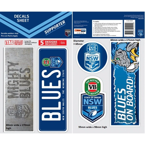 Official NSW Blues State of Origin NRL iTag Car Bumper Decal Sticker (5 Pack)