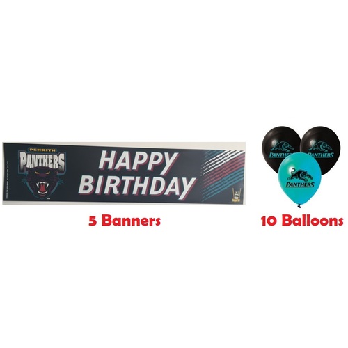 Penrith Panthers NRL Party Pack 10 Balloons & 5 Happy Birthday Banners