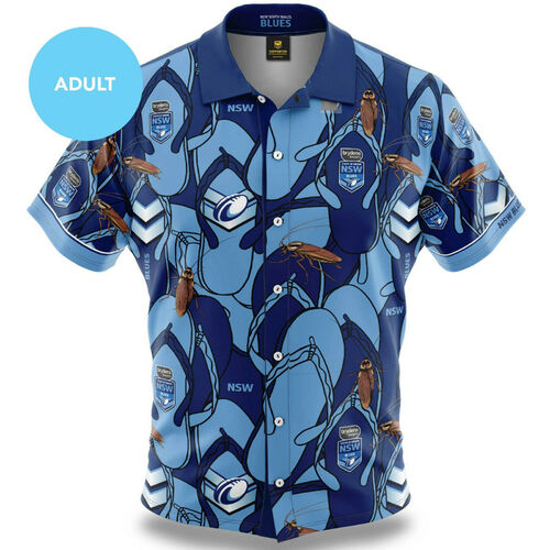 NSW BLUES STATE OF ORIGIN NRL ADULT TRIBAL BUTTON UP HAWAIIAN SHIRT RUGBY LEAGUE 