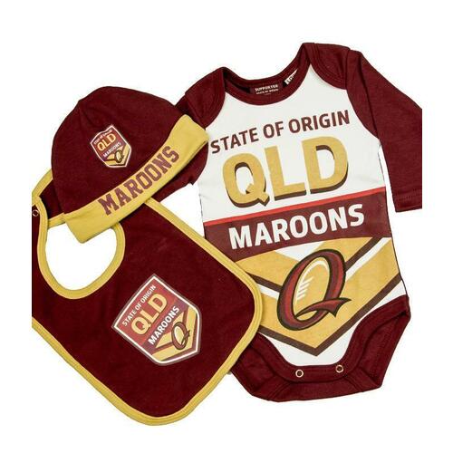 Queensland Maroons Three Piece Baby Infant Gift Set With Bodysuit Sizes 000-1!