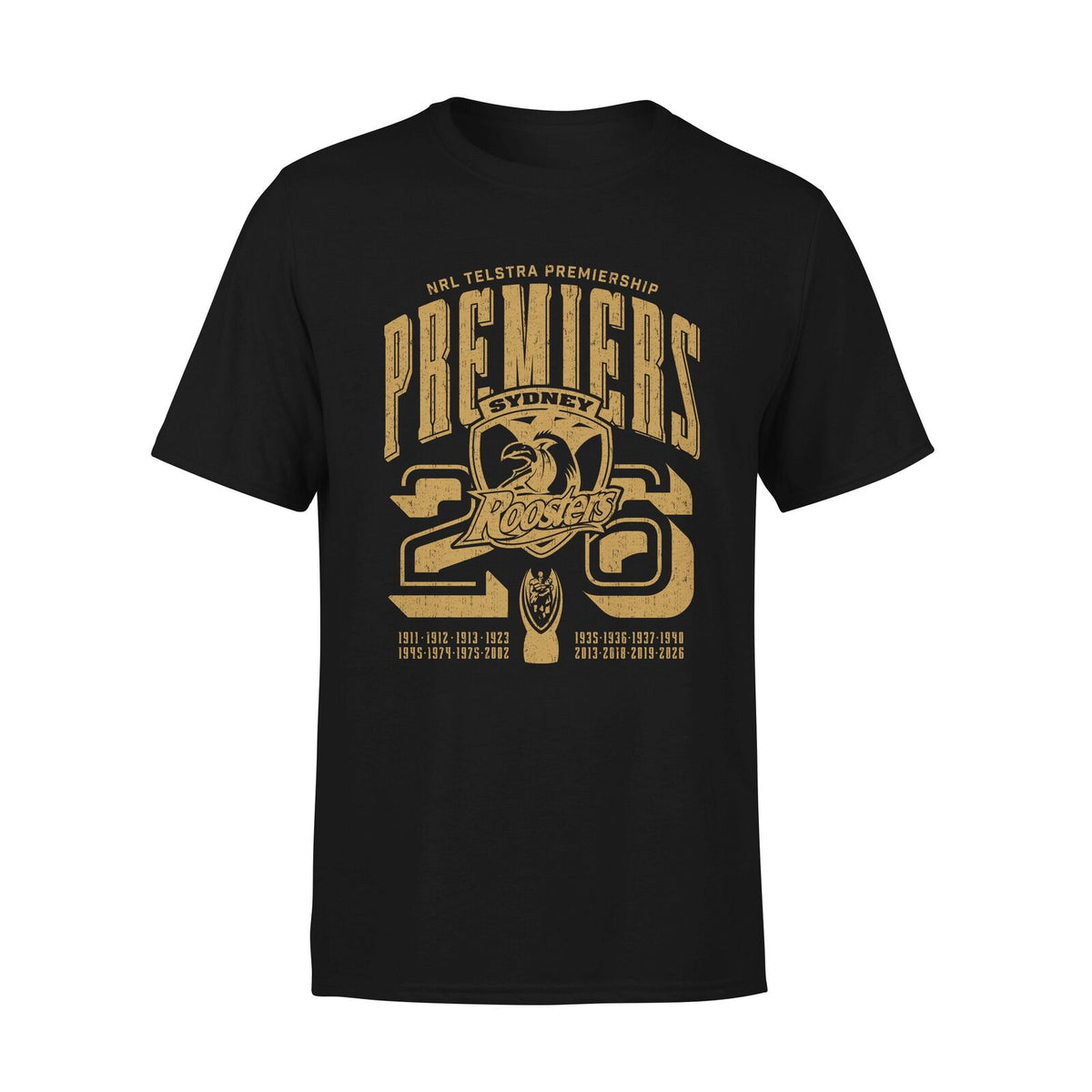 Sydney Roosters NRL 2026 Premiers Black & Gold Shirt Sizes Kids 8-14! PRE SALE