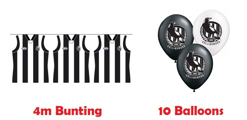 Collingwood Magpies AFL Buntings Flags 4m & 10 Balloons Birthday Party Pack