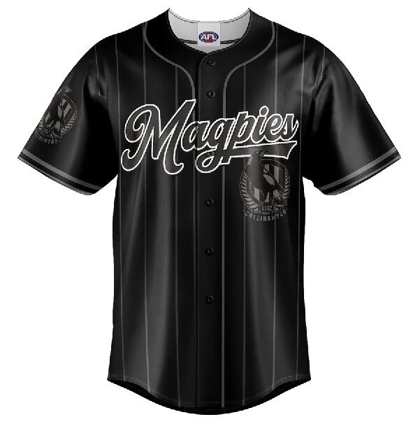 Collingwood Magpies AFL 'Blackout' Baseball Jersey Slugger T Shirt Sizes S-5XL!
