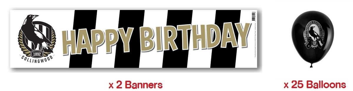 Collingwood Magpies AFL Party Pack 25 Balloons & 2 Happy Birthday Banners!