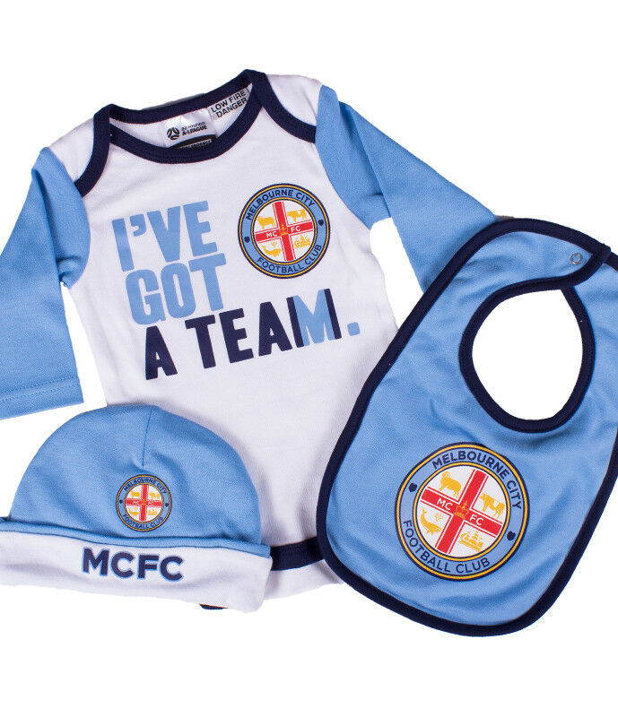 Melbourne City A League 3 PC Body Suit Beanie & Bib Set Baby Infant Sizes 000-1