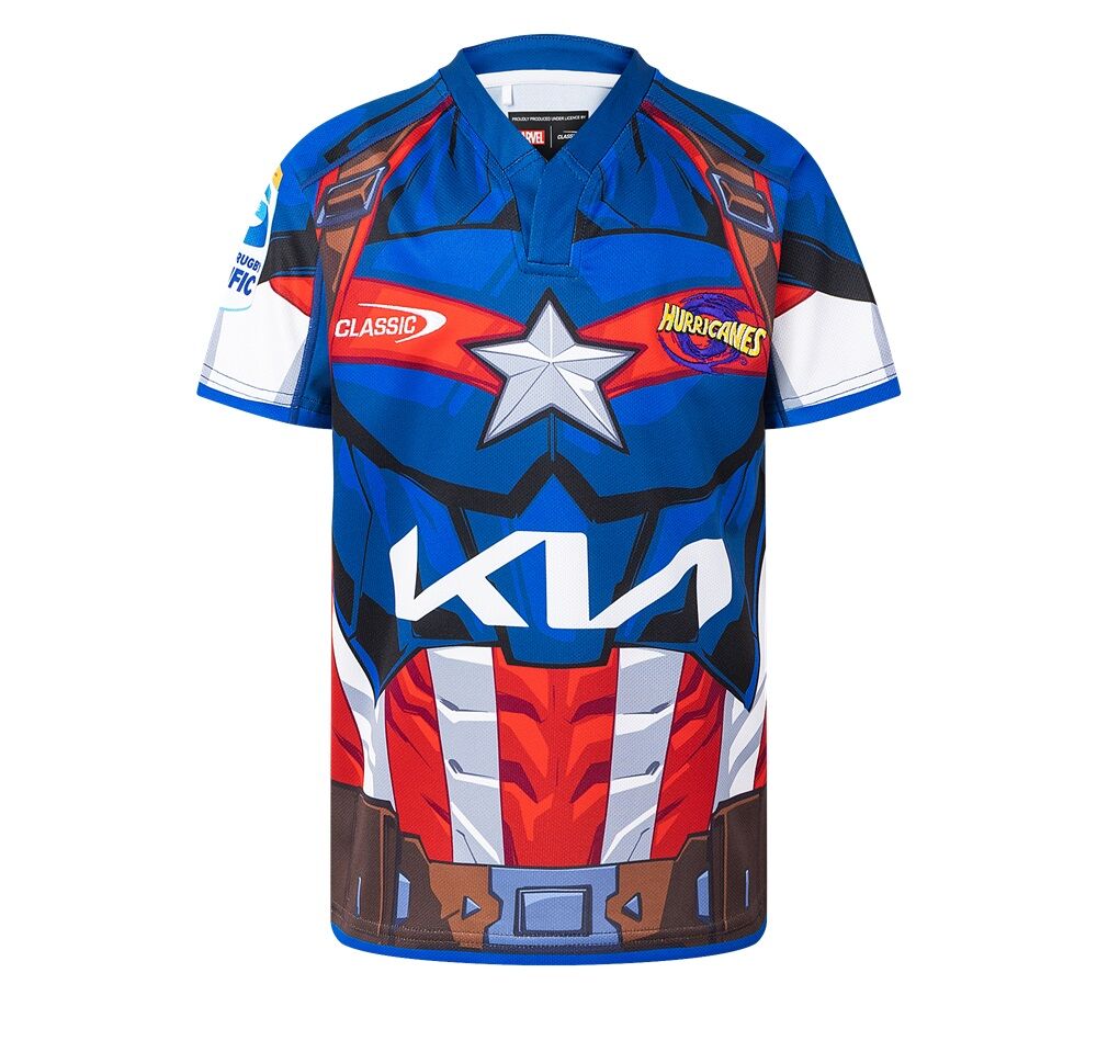 Hurricanes 2025 Marvel Super Rugby Captain America Jersey Kids Sizes 8-14!