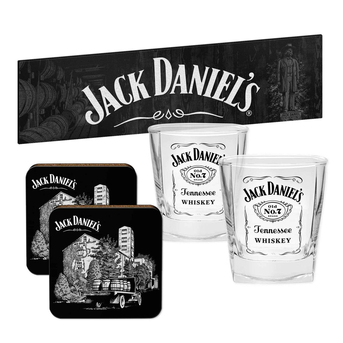 Jack Daniels Bar Essentials Gift Pack - Bar Runner, Coasters, Glasses