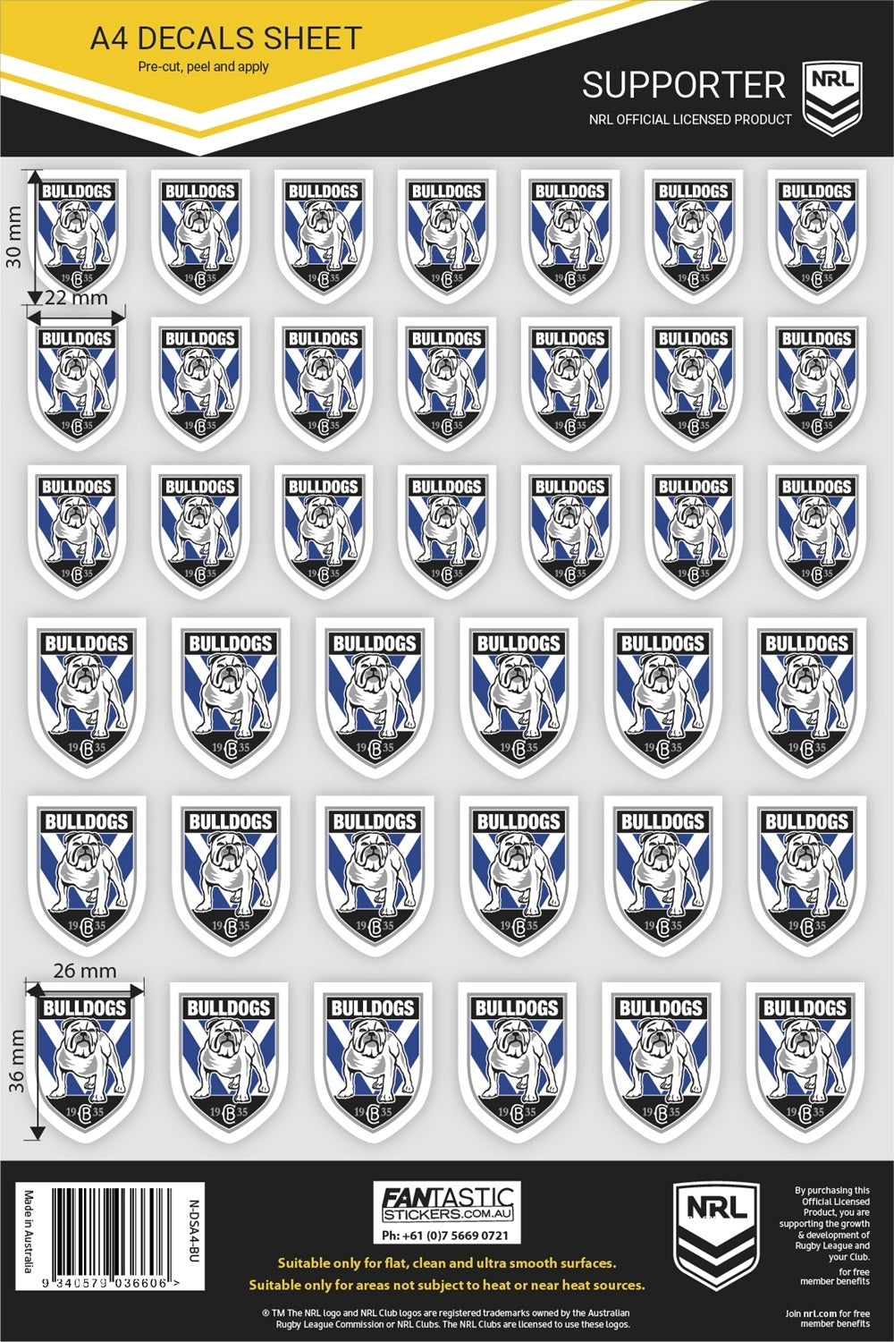 Canterbury Bulldogs Official NRL A4 Gang Team Logo Decal Sheets!