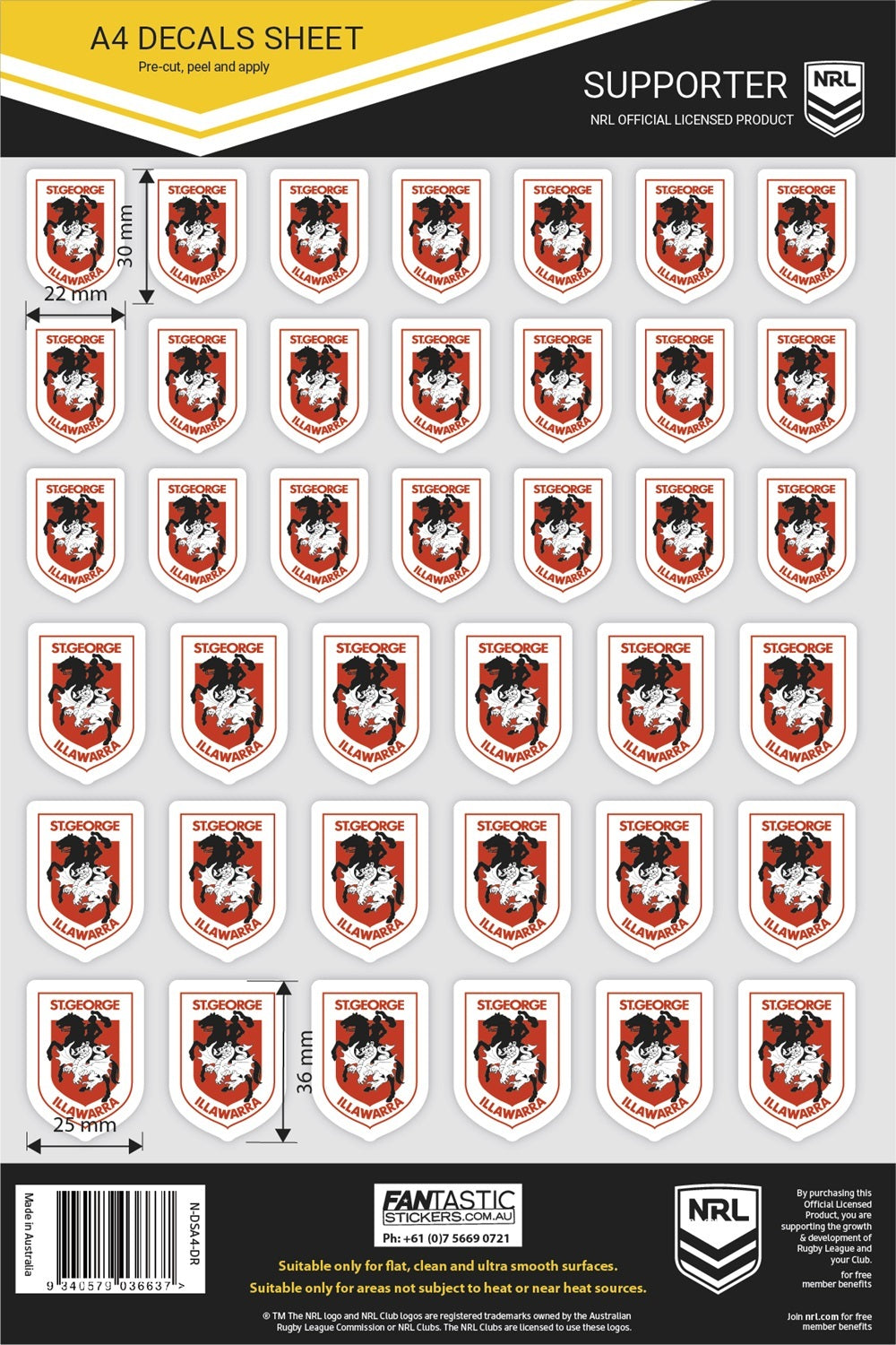 St George Dragons Official NRL A4 Gang Team Logo Decal Sheets!