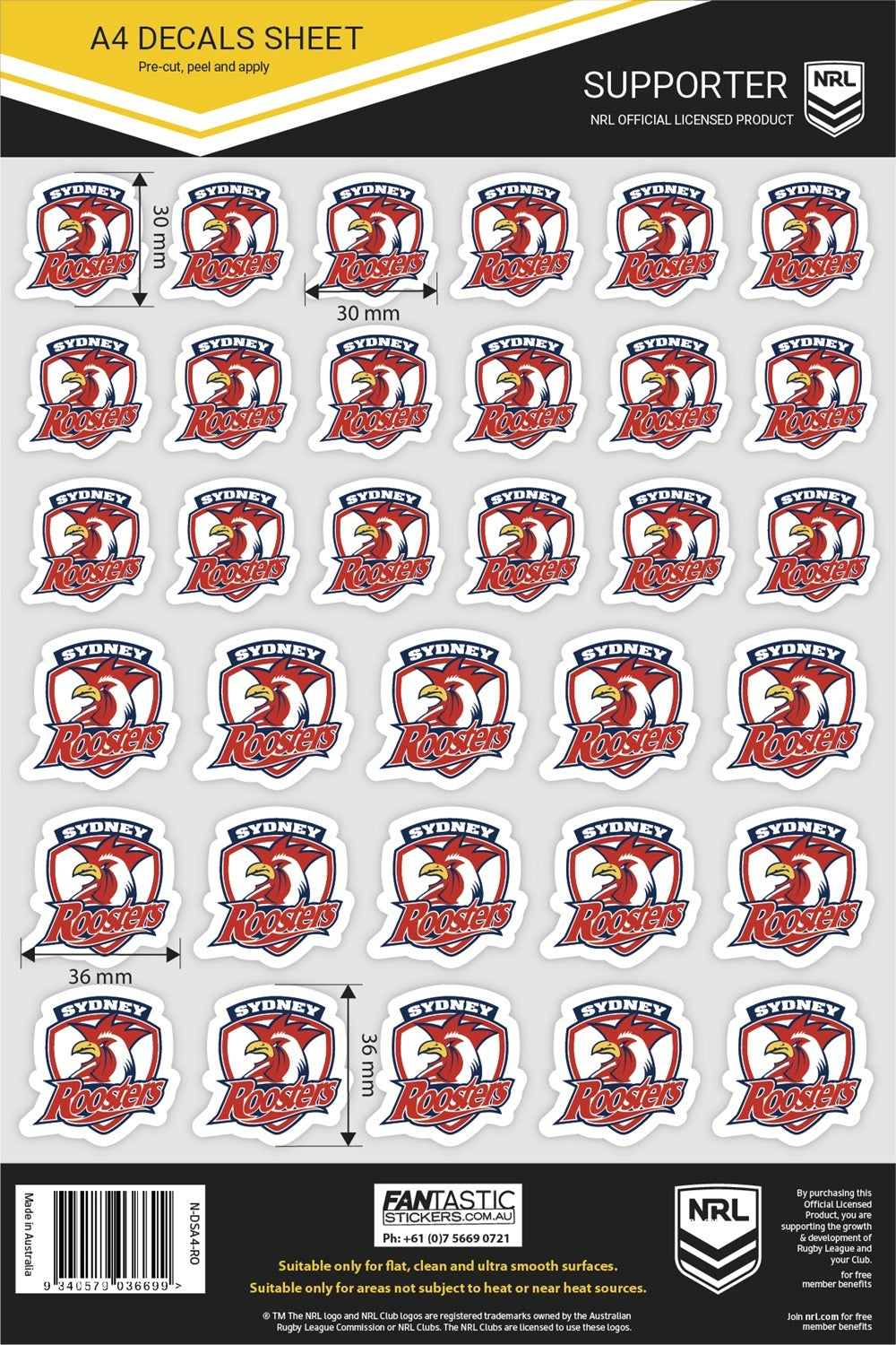 Sydney Roosters Official NRL A4 Gang Team Logo Decal Sheets!