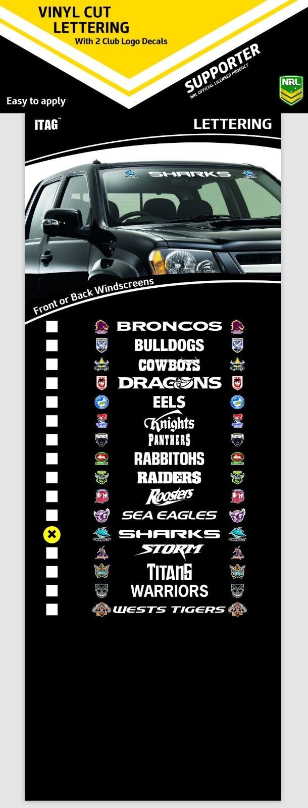 Cronulla Sharks NRL iTag UV Car Windscreen Window Lettering Decal Sticker
