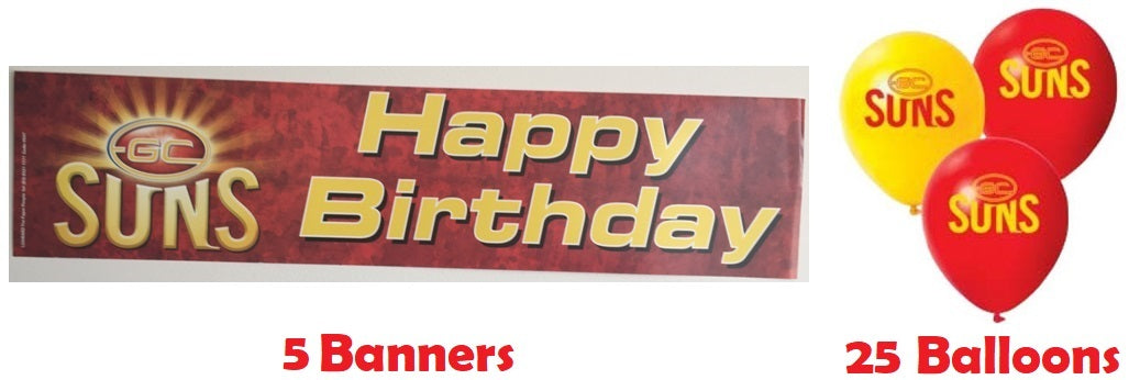Gold Coast Suns AFL Party Pack 25 Balloons & 5 Happy Birthday Banners!