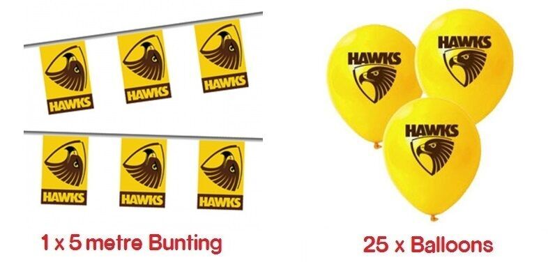 Hawthorn Hawks AFL Bunting Flags 5M & 25 Helium Balloons Birthday Party Pack